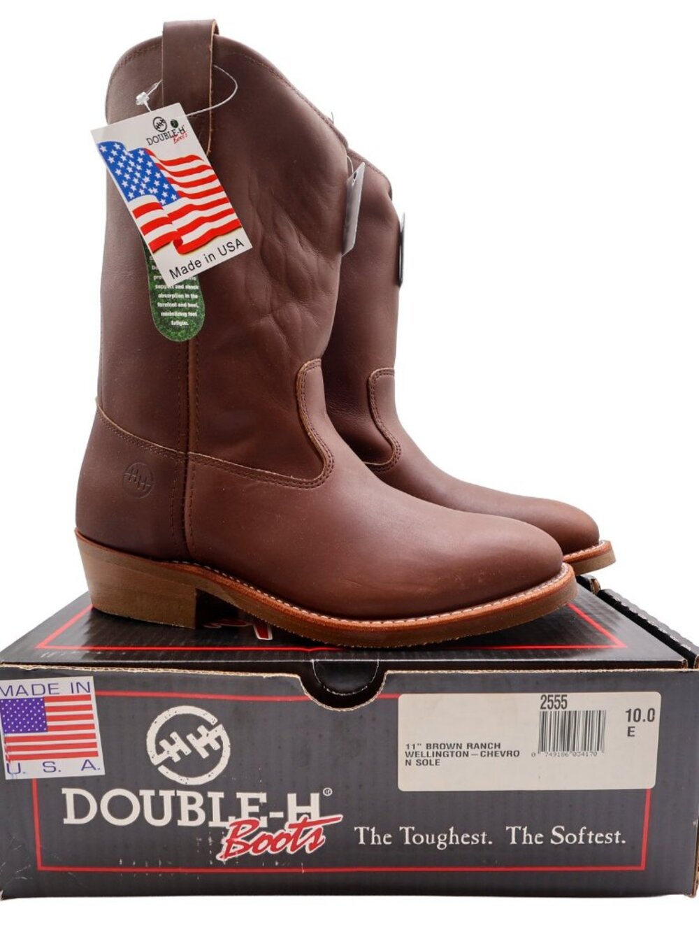 Vintage Double-H Boots Mens 10 E Brown Leather 11" Ranch Wellington USA NWB 2555